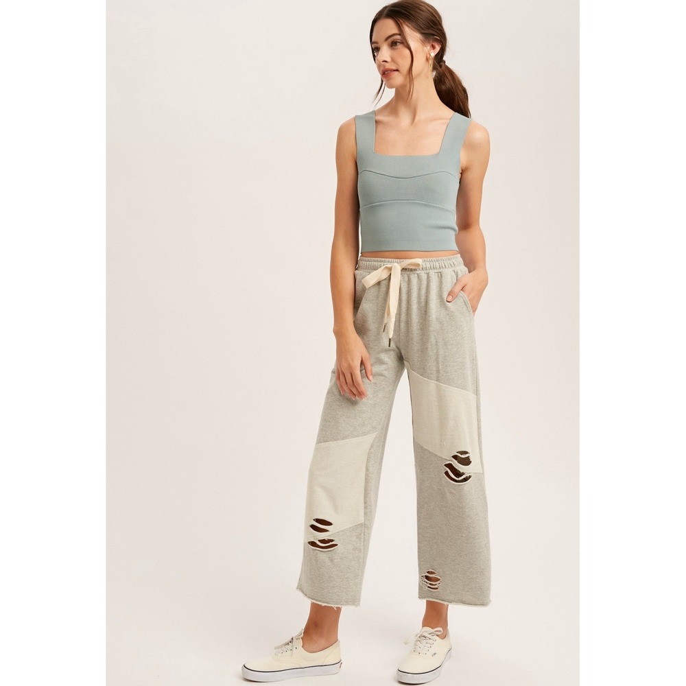 Distressed Wide Leg Gray Sweatpants Cotton SIZE LARGE‎
